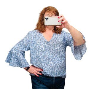 Floral Bell Sleeve Blouse Women's XL Boho Feminine Cottage Core Coquette